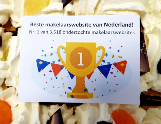 Taart met de tekst: Beste makelaarswebsite van Nederland! Nr. 1 van 3.518 onderzochte makelaarswebsites